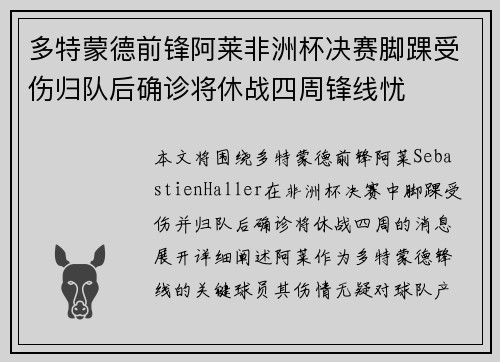 多特蒙德前锋阿莱非洲杯决赛脚踝受伤归队后确诊将休战四周锋线忧
